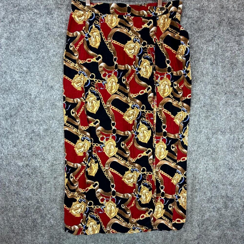 Vintage Khaki Rose Skirt Womens Large‎ Red Gold Chain 90s Baroque Retro Glam